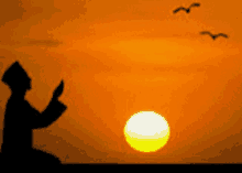 a silhouette of a person praying in front of a sunset with birds flying in the background .