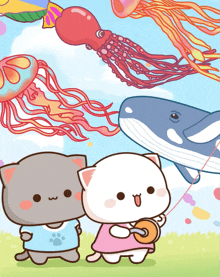 a cartoon of a cat and a girl flying kites with an octopus and whale in the background