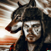 a man in a fur hat with a wolf on his shoulder