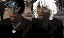 a woman wearing a catwoman mask and a woman wearing a storm wig