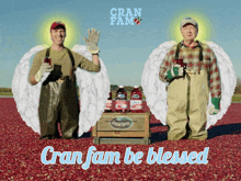 an advertisement for cran jam with two men with angels wings