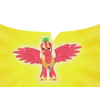 a red pony with wings and an apple on her head