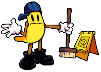 a yellow cartoon character is holding a mop and a sign that says finished