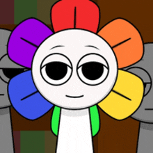 a cartoon drawing of a flower with a white head and rainbow petals