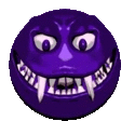 a purple smiley face with vampire teeth and fangs .