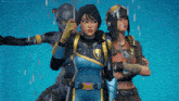 a group of video game characters standing next to each other in the rain