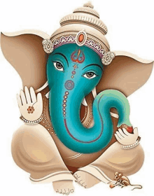 a painting of a blue and white ganesha with a mouse in his hand .