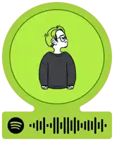 a green sticker with a cartoon of a man in a black sweater