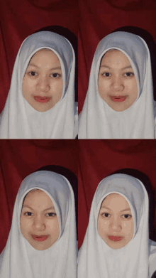 four pictures of a woman wearing a white hijab and a white shirt