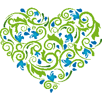 a heart made of green and blue swirls and flowers on a white background