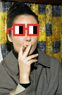 a woman smoking a cigarette and wearing a pair of red and white square glasses