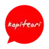 a red speech bubble with the word kopi teori written in white letters .