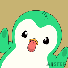 a green and white penguin sticking its tongue out with the abster logo behind it