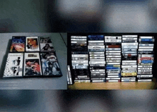 a stack of cassette tapes on a table next to a stack of dvds