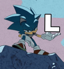 a cartoon of sonic the hedgehog standing on top of a rock holding a letter l .