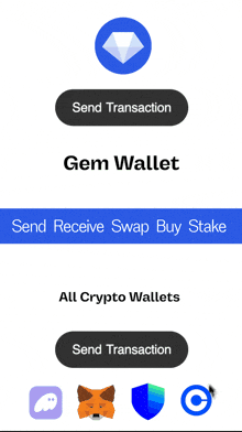 a screen that says send transaction gem wallet send receive swap buy stake