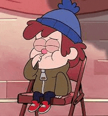 a cartoon character is sitting in a chair wearing a blue hat and a jacket .