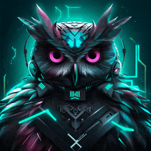 an owl wearing headphones and a mask with the letter x on its chest