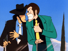 a cartoon of two men standing next to each other one of whom is wearing a green suit