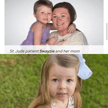 a picture of a woman holding a little girl next to a picture of a little girl with a blue bow in her hair