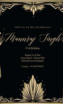 a black and gold invitation for a 15th birthday party