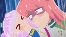 a girl with pink hair has a tear coming out of her mouth