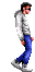 a pixel art of a man wearing a hat and jeans walking .