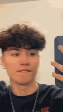 a young man with curly hair is taking a selfie with his cell phone .