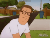 a cartoon of a man wearing glasses and a white shirt with the words adult swim gifrun.com on the bottom