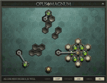 a computer screen shows a game called opusmagnum with a hexagonal pattern