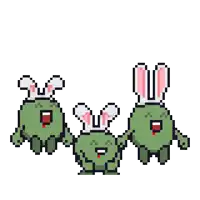 a pixel art illustration of three green monsters with bunny ears on their heads