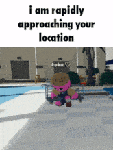 a cartoon character is riding a skateboard with the words " i am rapidly approaching your location " above him