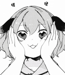 a black and white drawing of a girl with cat ears covering her face .