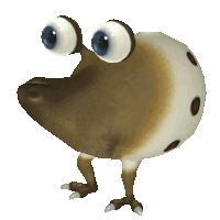 a brown and white cartoon character with big eyes and polka dots