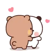 two bears are hugging each other with hearts in the background