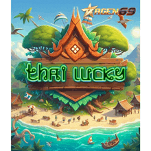 a poster for a game called thai lucky with a beach scene