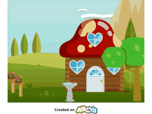 a cartoon illustration of a mushroom house with a bird bath in front of it