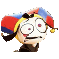 a cartoon character wearing a colorful jester hat is making a funny face .