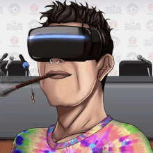 a man wearing a virtual reality headset is smoking a pipe