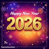 a greeting card that says happy new year 2026 with fireworks in the background