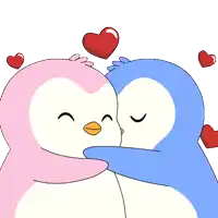 a pink and blue penguin hugging each other with red hearts floating above them