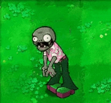 a cartoon zombie is standing in the grass in a video game .