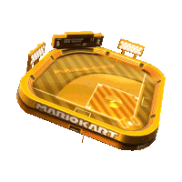 a mariokart baseball field with a scoreboard and lights