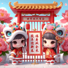 a couple of dolls holding a sign with chinese writing