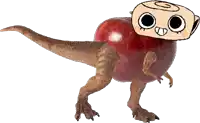 a dinosaur with an apple on its back and a cartoon face on its head