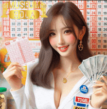 a woman is holding a lottery ticket and money in front of a bingo board