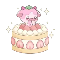 an illustration of a cow sitting on top of a cake with strawberries on it