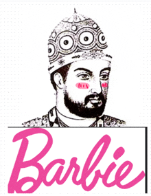 a drawing of a man with a beard and the word barbie in pink