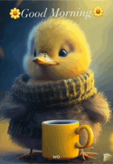 a duck wearing a scarf is holding a yellow cup of coffee and says good morning