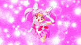 a little girl in a pink sailor moon outfit is flying through the air